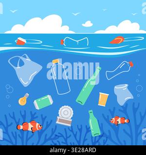 Marine debris. Cartoon sea garbage, plastic pollution of world oceans, environmental problem, ecosystem disruption, underwater scene with floating Stock Vector