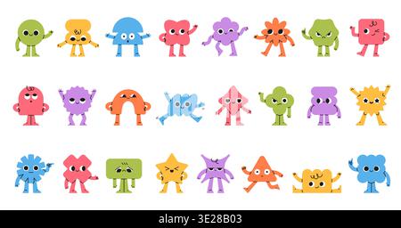 Funny geometric characters. Comic abstract mascots, smiling faces, hands and feet, different simple playful shapes, poses, emotion or expression Stock Vector