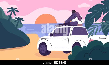 Couple with car looking back view. Romantic people meets dawn, guy and girl admire sunset at sea landscape, love and hugs, tropical resort leisure Stock Vector