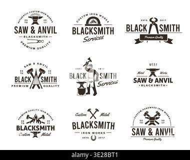 Blacksmith tools labels. Craftsman vintage emblems, working with metal, iron, vintage signs, hammer, smelter and anvil, tidy vector minimalistic Stock Vector