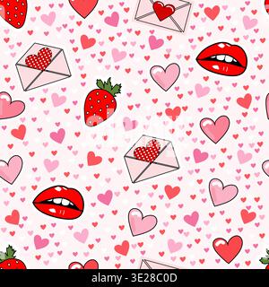 Seamless pattern with hearts lips strawberries envelopes on light background Valentine love theme design Stock Vector