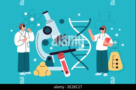 Augmented reality. Scientists with vr glasses use virtual objects, new technologies interaction, progressive methods, laboratory analysis, garish Stock Vector