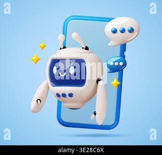 3d robot helps from smartphone. Funny android character, online assistant, digital render mascot, friendly chatbot, mobile messaging support, digital Stock Vector