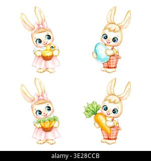 Watercolor cute Easter bunny girl and bunny boy in clothes holding carrots, Easter egg and chicken in their paws. Handmade watercolor illustration Stock Photo