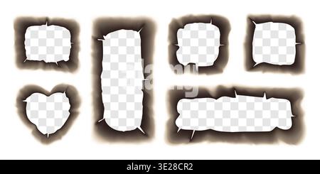 Burning hole in paper, fired edge of round, square and heart shape. Hot flame uneven faded ash frame, tear corners and fiery texture effect. Broken Stock Vector