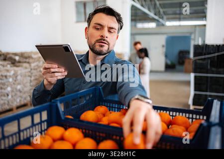 Man checking oranges inventory with digital tablet in warehouse Stock Photo