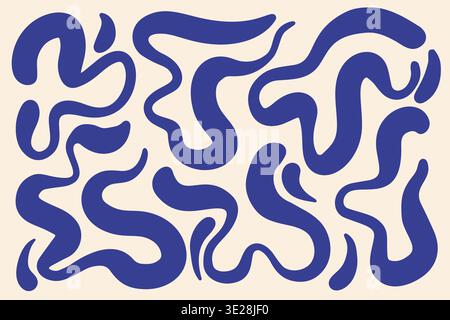 Fluid organic blobs and abstract splash elements. Dynamic shapes with wavy curves and bold patterns ideal for trendy graphic design and creative Stock Vector