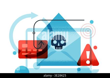 Vector illustration of phishing scam, online fraud. Laptop, email with skull, credit card on hook and red warning exclamation mark. Cyber security dat Stock Vector