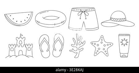 Summer beach outline icons and vacation elements in doodle hand drawn style. Stock Vector
