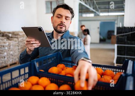 Man checking oranges inventory with digital tablet in warehouse Stock Photo