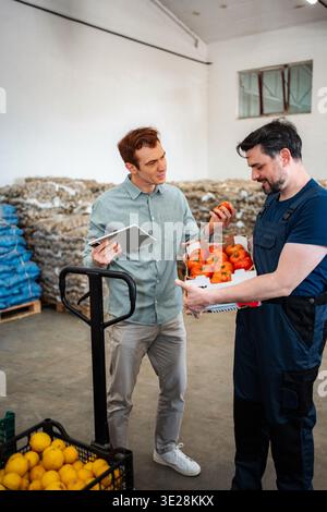 Warehouse workers discussing produce quality holding fresh tomatoes Stock Photo