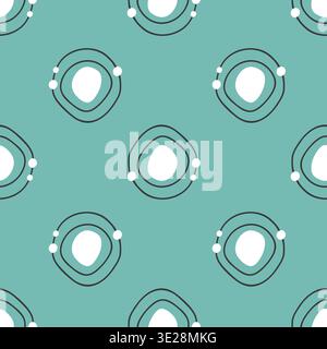 A mid-century modern seamless pattern featuring turquoise circles and geometric abstract shapes. Vector illustration Stock Vector