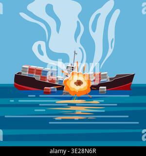 Cargo Ship Explosion at Sea Container Vessel Accident Stock Vector