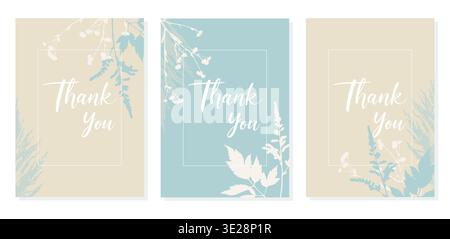 Set of Three Vertical Thank You Cards with Minimalist Floral Silhouettes and Teal Botanical Elements on Pastel Beige Background. Vector illustration Stock Vector