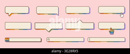 Retro computer UI search bar and speech bubble set with rainbow pride gradients. Nostalgic y2k internet browser elements, message boxes, and text Stock Vector