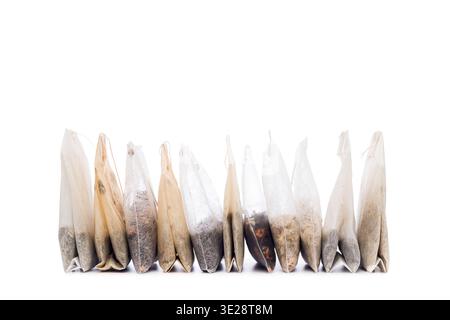 Filter tea bags variety isolated on white background. Stock Photo