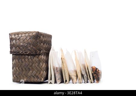 Filter tea bags variety isolated on white background. Stock Photo