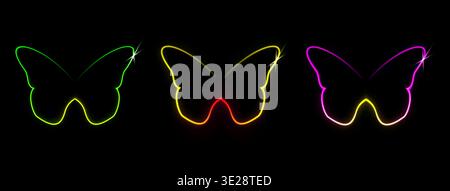 A set of multicolored glowing butterflies. Neon glow effect: yellow, green, pink and red. 3D vector illustration on black background. Stock Vector