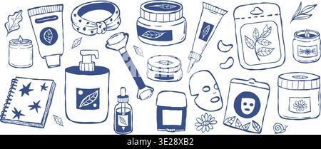 Big Skincare and Beauty Accessories Doodle Set. Natural Organic Cosmetics, Face Roller Mask, Patches, Cream, Candle and Notebook. Isolated Blue Line A Stock Vector