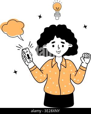 Happy Business Woman with Smartphone Having Creative Idea or Getting Job Offer Notification. Doodle hand-drawn. Vector illustration Stock Vector