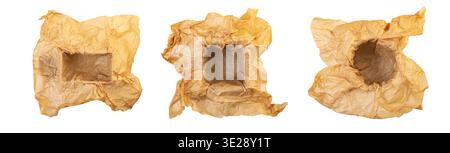 Three boxes in different shapes with brown crumpled wrapping paper isolated on white Stock Photo