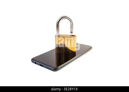 Open golden padlock on a black smartphone isolated on white, cyberspace  concept Stock Photo