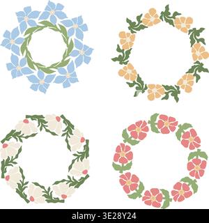 Pastel Floral Wreaths Set. Botanical Round Frames with Retro Groovy Flower in trendy naive retro hippie 60s 70s with Empty Copy Space. Isolated Vector Stock Vector