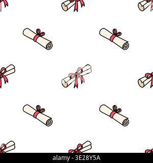 A folded graduate diploma with a red ribbon tied in a bow seamless pattern. Doodle style illustration. Hand drawn vector. Beautifully folded and ribbon-tied love letter, correspondence texture Stock Vector