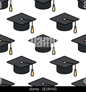 Graduation cap seamless pattern. University, college graduation black cap texture for degree ceremony, educational programs design. Vector Stock Vector