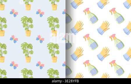 Split seamless design left side with potted monstera plants and butterflies on light blue background right side with rubber gloves and spray bottles o Stock Vector