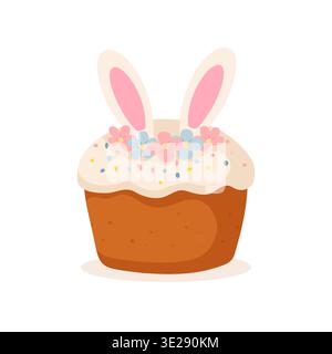 Easter cake with bunny ears and spring flowers. Sweet paschal bread with icing and sprinkles illustration isolated on white. Stock Vector