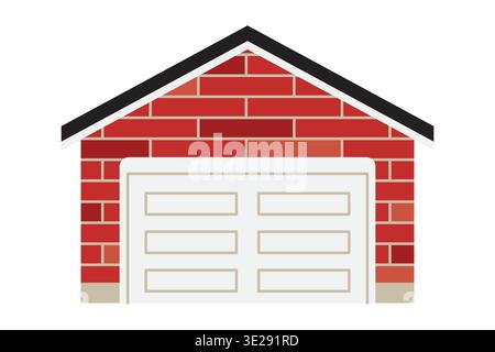 brick garage with automatic door, residential building exterior, modern house garage with roller shutter, home parking structure- vector illustration Stock Vector