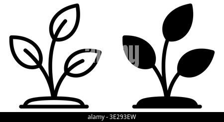 Minimalist outline and solid black icon set depicting a small sprouting plant in simple style Vector Stock Vector