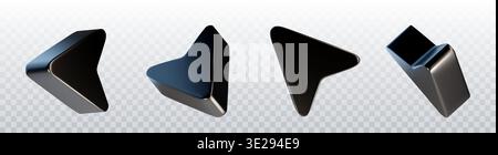 Chrome arrow icons in dark metallic finish with polished edges and realistic shadows. 3d triangular pointers from multiple angles on transparent background for sleek interface application design. Stock Vector