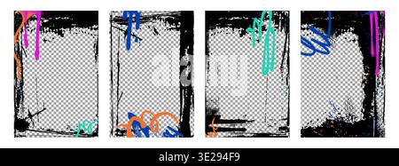 Urban style graffiti paint frame isolated on transparent background. Vector realistic illustration of street art poster design, abstract color spray pattern with black scratches, punk banner pattern Stock Vector