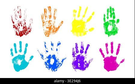 Colorful palm handprint collection with vibrant paint impressions and textured details. distinct marks in rainbow colors with finger patterns and organic brush like ornament on white background. Stock Vector