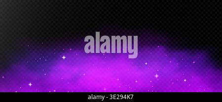 Purple smoke cloud with shimmering sparks on transparent black background. Vector realistic illustration of bright stars in neon color fog, magic mist, fantasy violet dust, wizard glitter effect Stock Vector