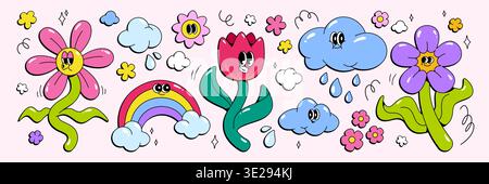 Retro groovy cartoon flower character mascots with clouds and rainbow sticker illustration set. Smiling blossoms on green stems with decorative doodles, raindrops and stars for playful design. Stock Vector