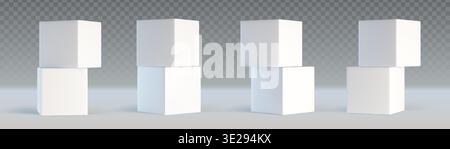White 3d cube pairs stacked at different angles on transparent background. Minimalist geometric blocks in square shape with realistic shadows and clean edges for modern mockup or abstract composition. Stock Vector