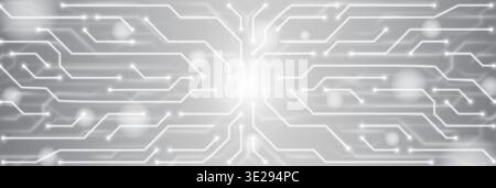 Futuristic high tech circuit pattern on grey background. Vector realistic illustration of neon white semiconductor lines connection, communication or information technology presentation template Stock Vector