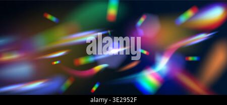 Prism light flare effect with rainbow spectrum dispersion on dark background. Optical lens aberrations with colorful bokeh elements and chromatic distortions. Abstract sun light hologram glare bg. Stock Vector