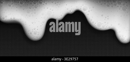 Liquid soap or beer foam texture isolated on transparent background. Vector realistic sud border with white froth bubbles, foamy cleaning detergent, shampoo or shower gel lather, sea water splash Stock Vector