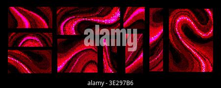 Neon pixel bitmap pattern set with retro wave gradient background. Vibrant pink glitch texture with halftone dots and dithering effects. Nostalgic y2k gaming aesthetic with grainy abstract design Stock Vector