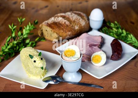 Traditional Easter breakfast dishes on a wooden table, Poland Stock Photo
