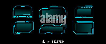 Frame tech UI elements with glowing HUD interface design. Cyberpunk game screen with digital border frames and holographic tech elements. Futuristic UI control panel with neon elements and text boxes Stock Vector
