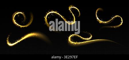 Twirl gold light streams with magical glow effects on dark transparent background. Elegant swirling energy patterns and golden sparkles. Abstract design with luminous curves and flowing particles. Stock Vector