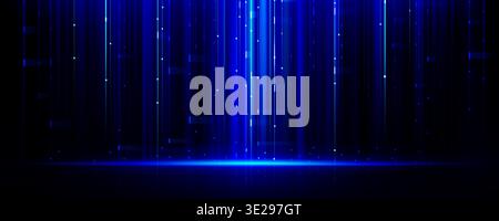 Abstract digital tech background with glowing blue vertical lines and scattered light particles on dark surface. Data pattern with futuristic ai interface atmosphere for modern technology design. Stock Vector