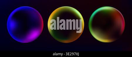 Abstract spheres set with color gradient isolated on black background. Vector realistic illustration of neon blue, purple, yellow holographic bubbles, fluid ball, aura effect, geometric design element Stock Vector