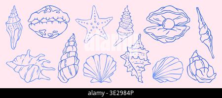 Vintage seashell and coastal doodle illustration with beach elements. Hand drawn scallop shell vector with ocean and nautical details in retro style. Marine sketch for summer travel designs. Stock Vector