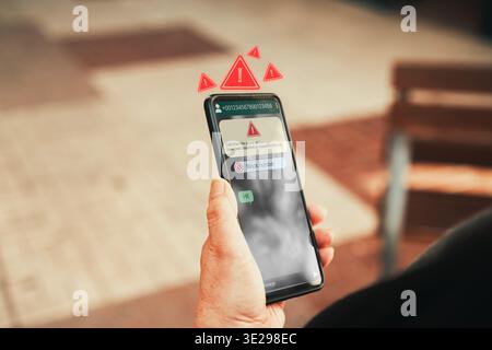 Spam text message warning on smartphone screen. Woman hand holding phone with scam alert. Phishing and cybersecurity concept. Stock Photo